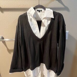 Grey V-Neck Sweater with White Shirt dress